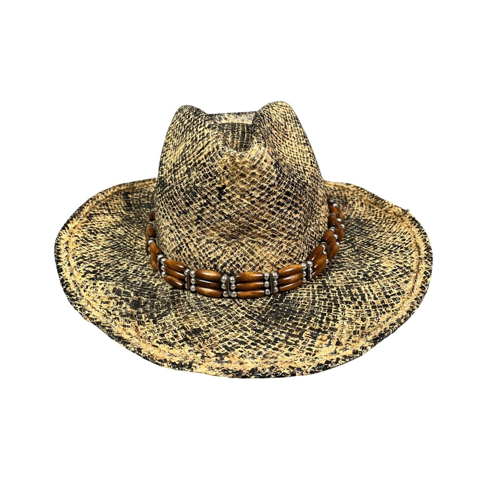 Henschel Hat Co Mens Large Straw Cowboy Hat Beaded Band Natural Fiber Tan Black